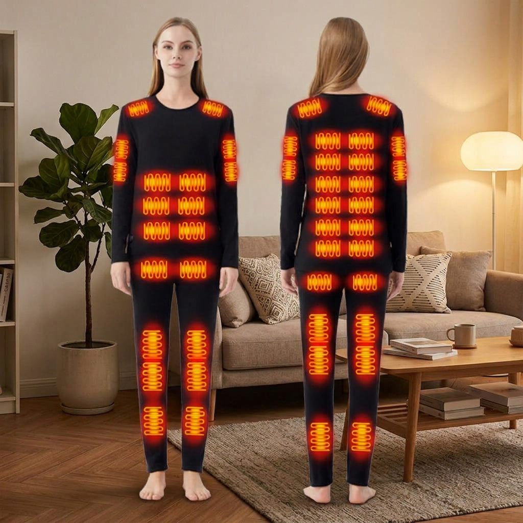 Women's Velvet Heated Underwear, 42 Heating Zones Electric Heat Base Tops and Bottom, Winter Long Sleeve Crew Neck Warm Base Shirt and Pant