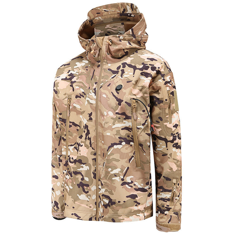 Graphene Heated Hunting Jacket for Men Women, 3 Temperature Levels 7 Heating Zones, Battery Powered Heated Waterproof Windproof Warm Camo Coat Softshell Jacket with Hood