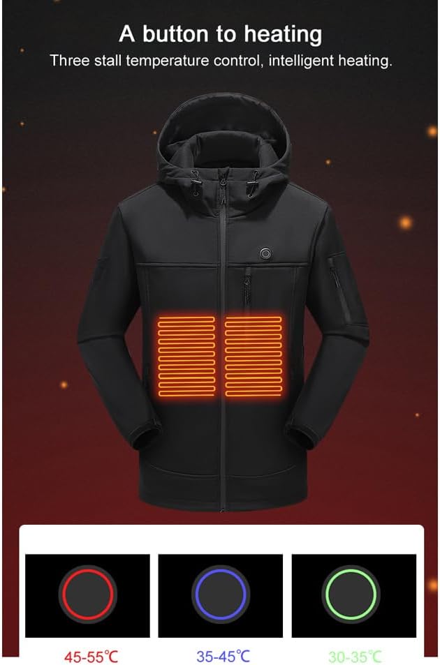 Softshell Hooded Heated Jacket for Men Women 10 Heated Areas 3 Gear Temperature USB Electric Warming Long Sleeve Windproof Coat For Extreme Cold Weather