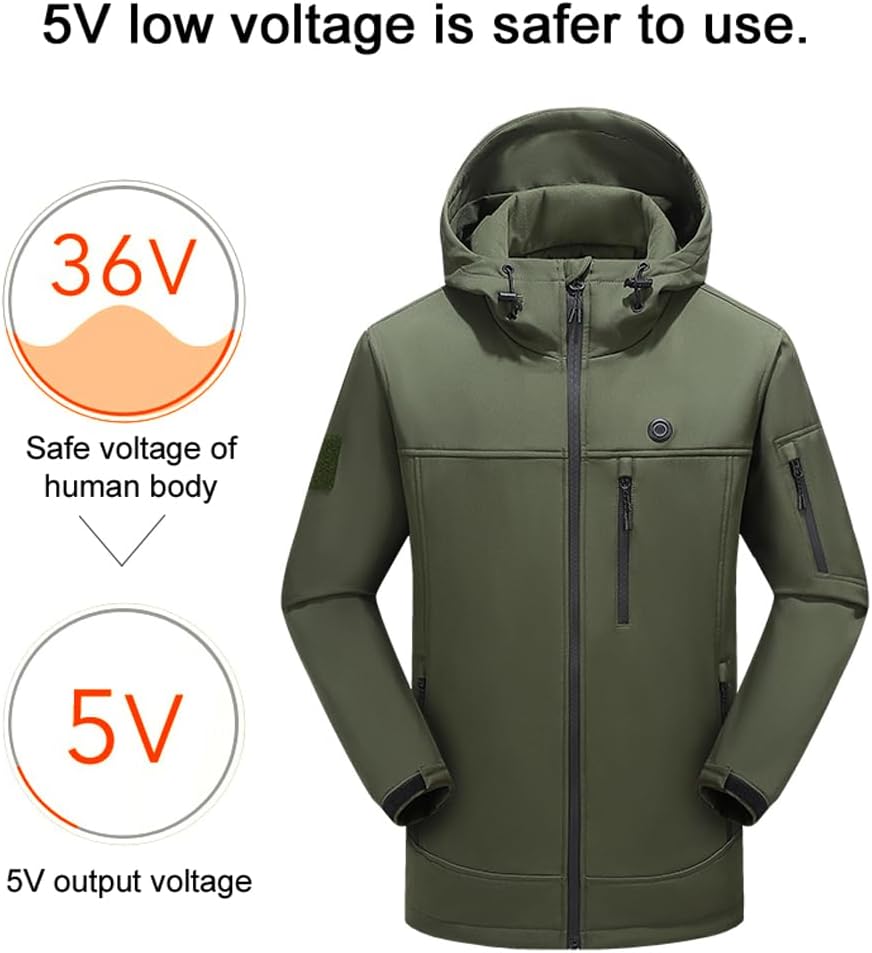 Softshell Hooded Heated Jacket for Men Women 10 Heated Areas 3 Gear Temperature USB Electric Warming Long Sleeve Windproof Coat For Extreme Cold Weather
