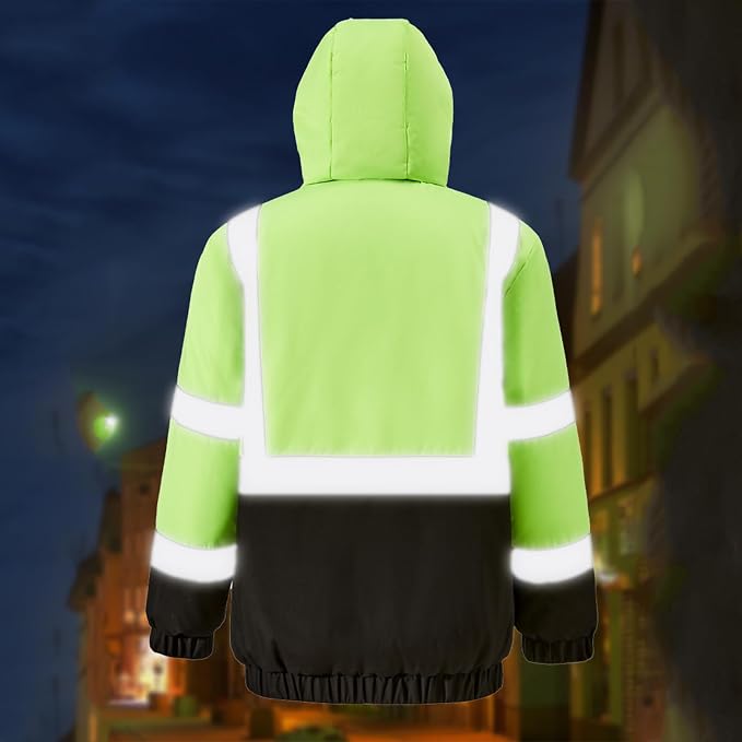 Unisex Hi Vis Hooded Heating Coat, High Visibility Heated Jacket, 29 Heating Zones Heated Body Warmer Windproof Waterproof Reflective Workwear USB Electric Heat Outerwear Winter Thermal Jackets for Work