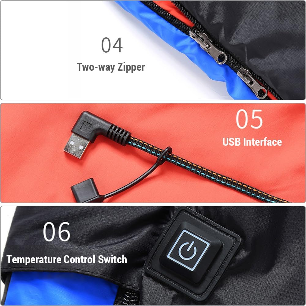 Portable Electric Heated Sleeping Bag with Flexible Collar, Thermal 3 Level Temperature Adjustable Envelope Sleeping Bags for Camping Hiking