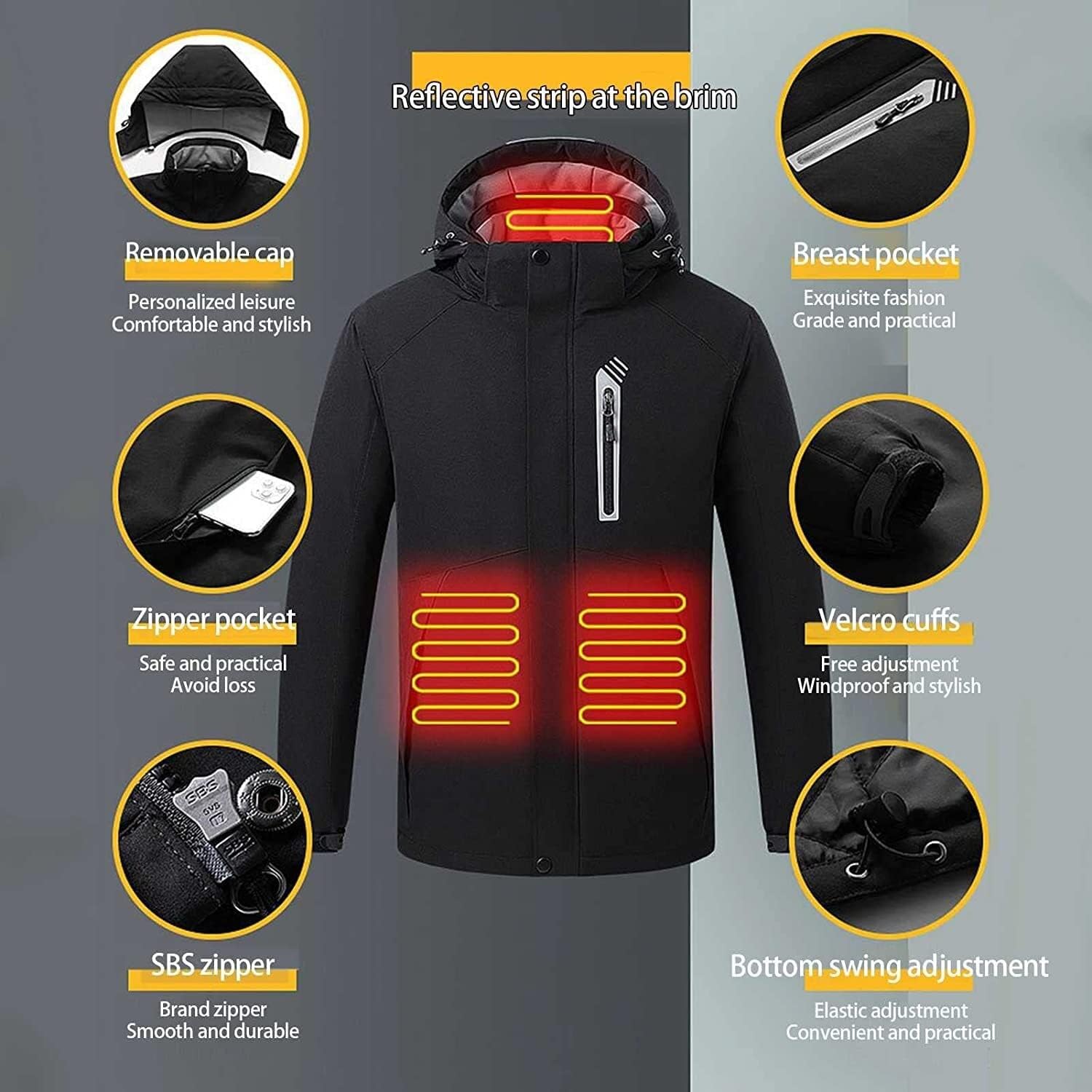Soft Shell Electric Heated Jacket for Men Women with Detachable Hood 8 Heating Zones 3 Levels of Temperature Control Heating Winter Coat for Outdoor Hiking Skiing Hunting