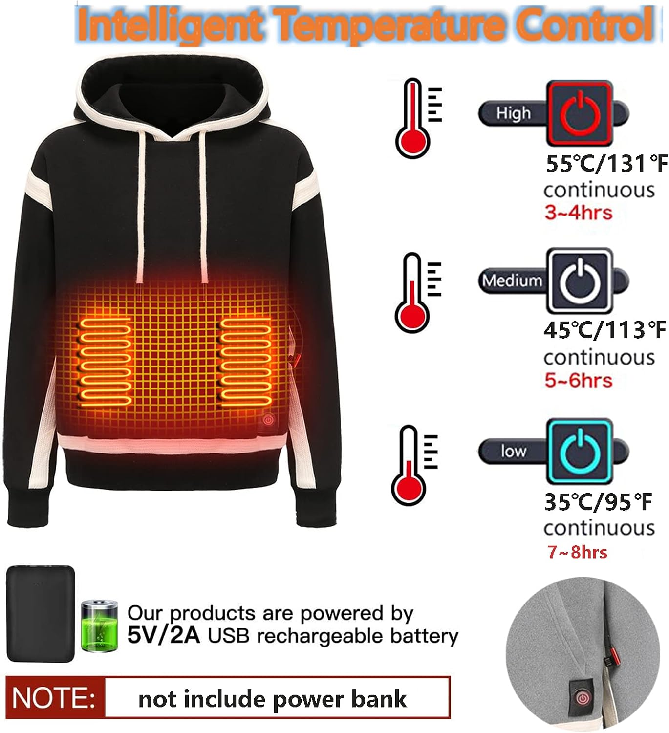 Smart Electric Heated Sweatshirt for Men Women, 9 Heating Zones USB Charging Three-Speed Temperature Long Sleeve Blouse Hoodies Thermal Tops