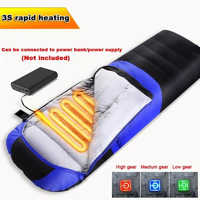 USB Electrical Heated Sleeping Bag 3 Heating Settings 4 Heat Zones Ultra Lightweight Thicken Down Cotton Camping Sleeping Bag for Backpacking