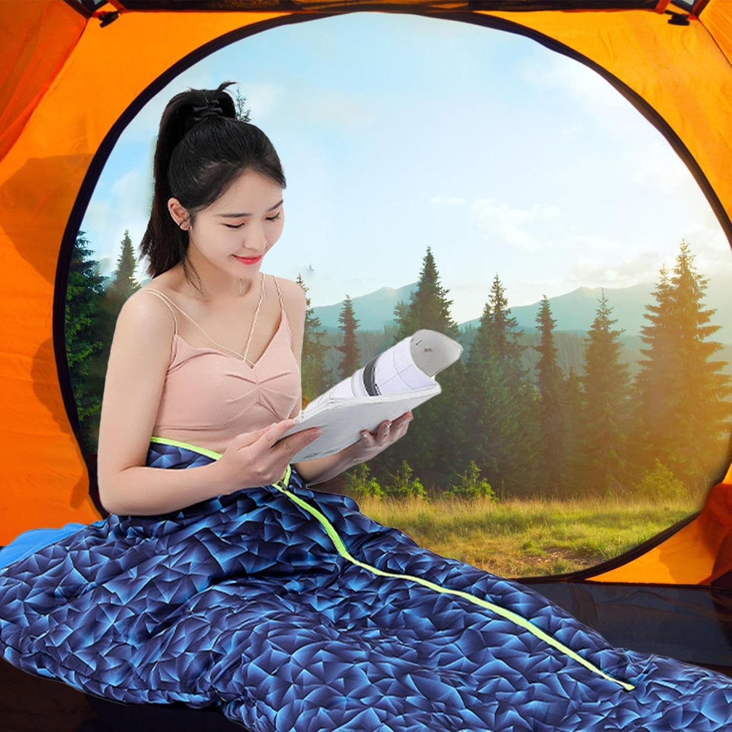 Outdoor Heated Sleeping Bag Camouflage Blue 5V 2A USB Charging Adjustable Temperature for Travel Hiking Camping Made of Polyester Fluffy Cotton