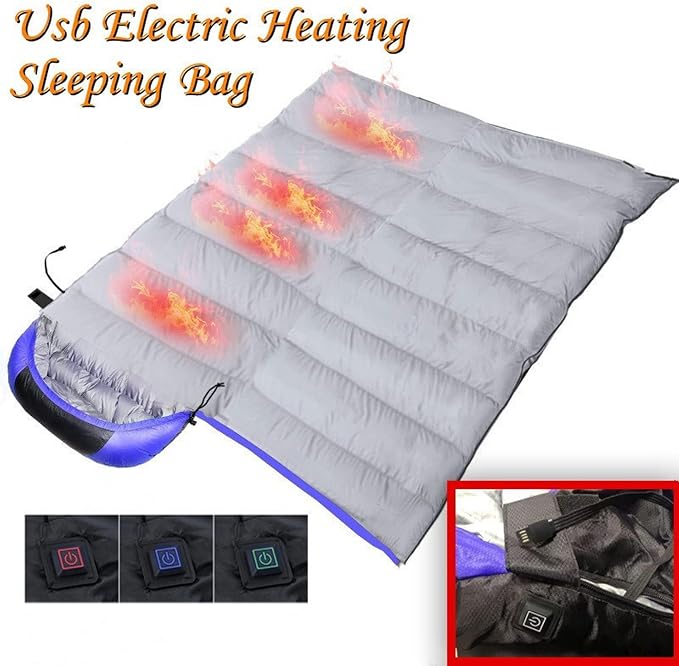USB Electrical Heated Sleeping Bag 3 Heating Settings 4 Heat Zones Ultra Lightweight Thicken Down Cotton Camping Sleeping Bag for Backpacking