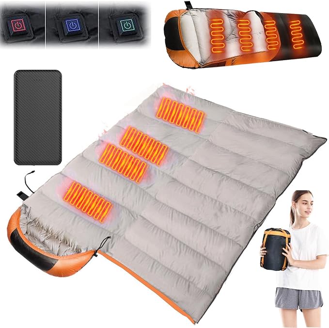 USB Electrical Heated Sleeping Bag 3 Heating Settings 4 Heat Zones Ultra Lightweight Thicken Down Cotton Camping Sleeping Bag for Backpacking