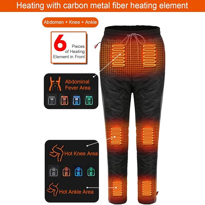 Unisex Battery Powered Heated Pants, Electric USB 3 Temperature Control, 5V/2A, 8 Heating Zones Elastic Fleece Thickening Warming Trousers for Women Men