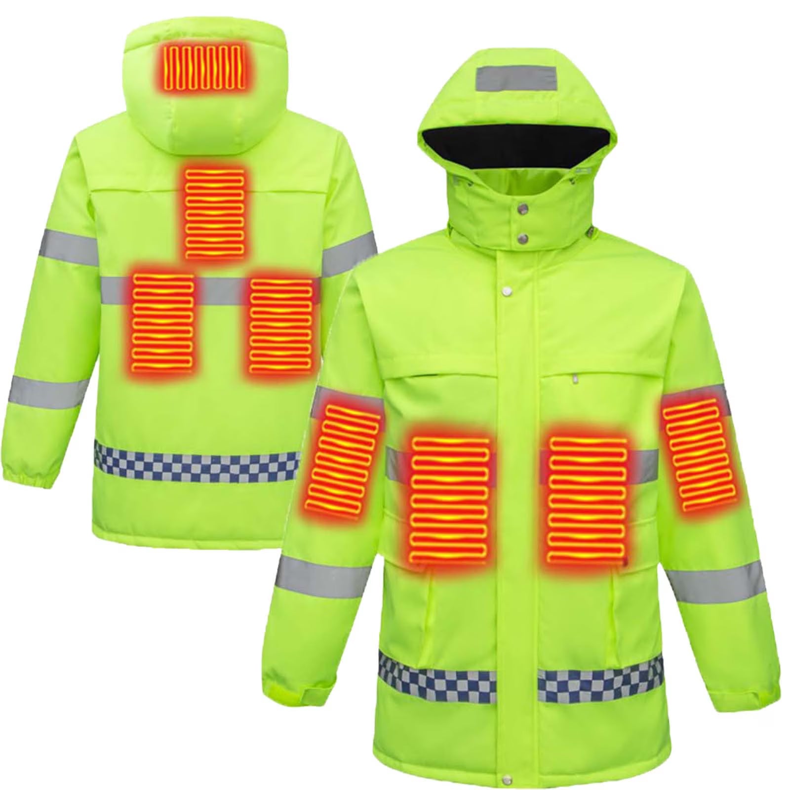 Hi Vis Heated Hooded Jacket for Men Women, 8 Heating Zones 3 Temperature Levels High Visibility Heated Workwear Waterproof Windproof Reflective Outerwear Safety Security Work Coat