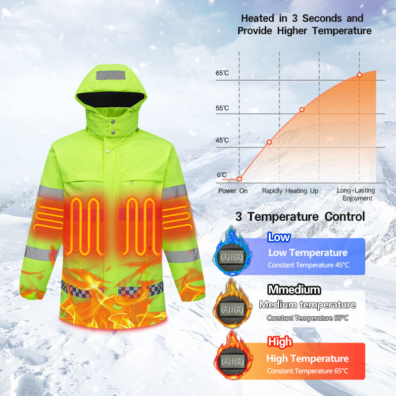 Hi Vis Heated Hooded Jacket for Men Women, 8 Heating Zones 3 Temperature Levels High Visibility Heated Workwear Waterproof Windproof Reflective Outerwear Safety Security Work Coat