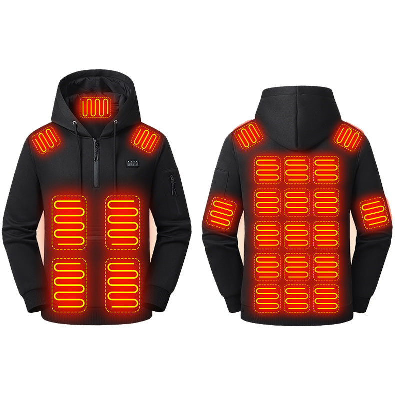 Black Electric Heated Pullover Hoodie for Men Women, 26 Zones 4 Gear Temperature Control Winter Zip Up Pocket Long Sleeve Thermal Sweatshirt for Outdoor Skiing Hiking