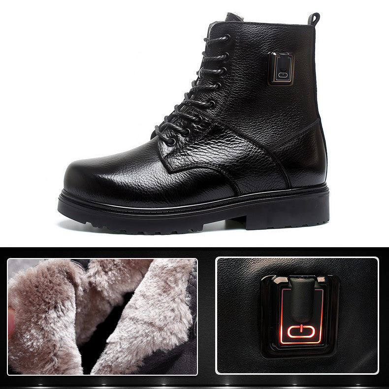 Black Genuine Leather Smart Heated Boots for Men Upgraded 20000mAh Battery 36℃-90℃ 5-level Temperature Adjustment -Skiing Hunting Non-Slip Water Proof Electric Heating Shoes