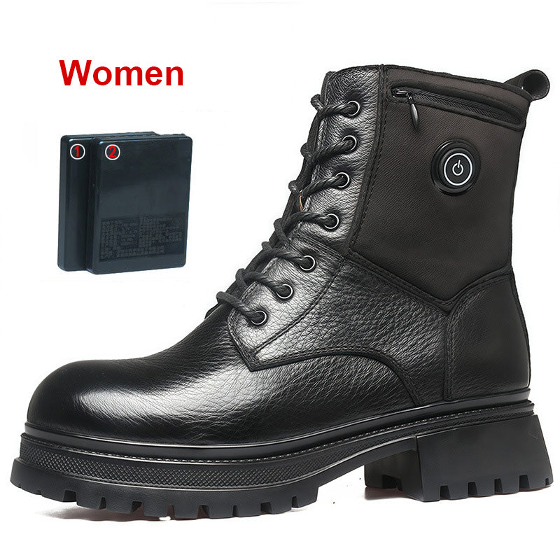 Black Leather Heated Boots for Women Men With 2*5000mAh Rechargeable Batteries, Five-Level Heating Models, Operated Electric Heating Foot Warmer