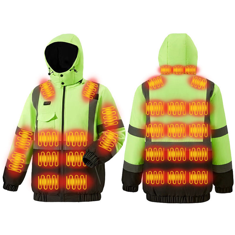 Unisex Hi Vis Hooded Heating Coat, High Visibility Heated Jacket, 29 Heating Zones Heated Body Warmer Windproof Waterproof Reflective Workwear USB Electric Heat Outerwear Winter Thermal Jackets for Work