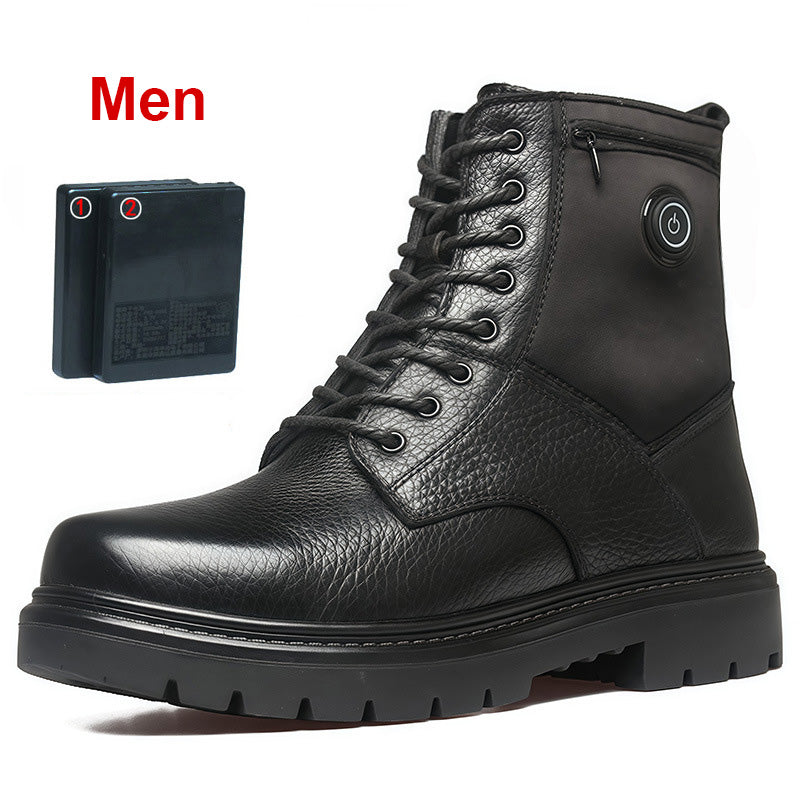 Black Leather Heated Boots for Women Men With 2*5000mAh Rechargeable Batteries, Five-Level Heating Models, Operated Electric Heating Foot Warmer