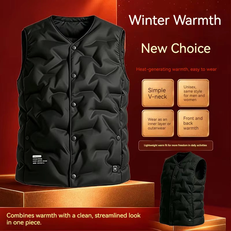 Lightweight V-Neck Quilted Electric Heated Vest for Women Men, USB Charging 3 Gear Temp Control 5 Heating Zones Snap Button Warming Gilet