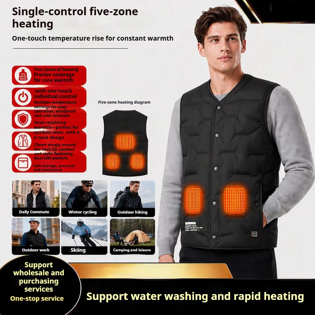 Lightweight V-Neck Quilted Electric Heated Vest for Women Men, USB Charging 3 Gear Temp Control 5 Heating Zones Snap Button Warming Gilet