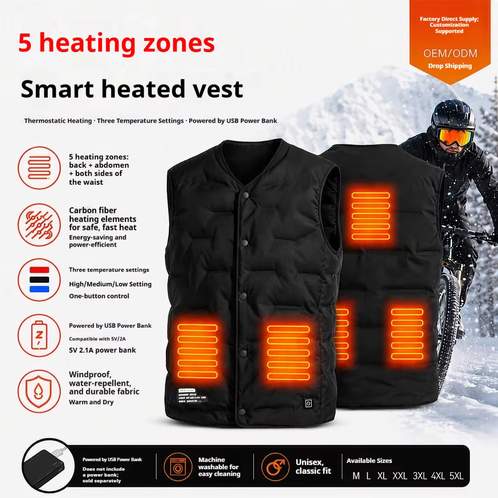Lightweight V-Neck Quilted Electric Heated Vest for Women Men, USB Charging 3 Gear Temp Control 5 Heating Zones Snap Button Warming Gilet