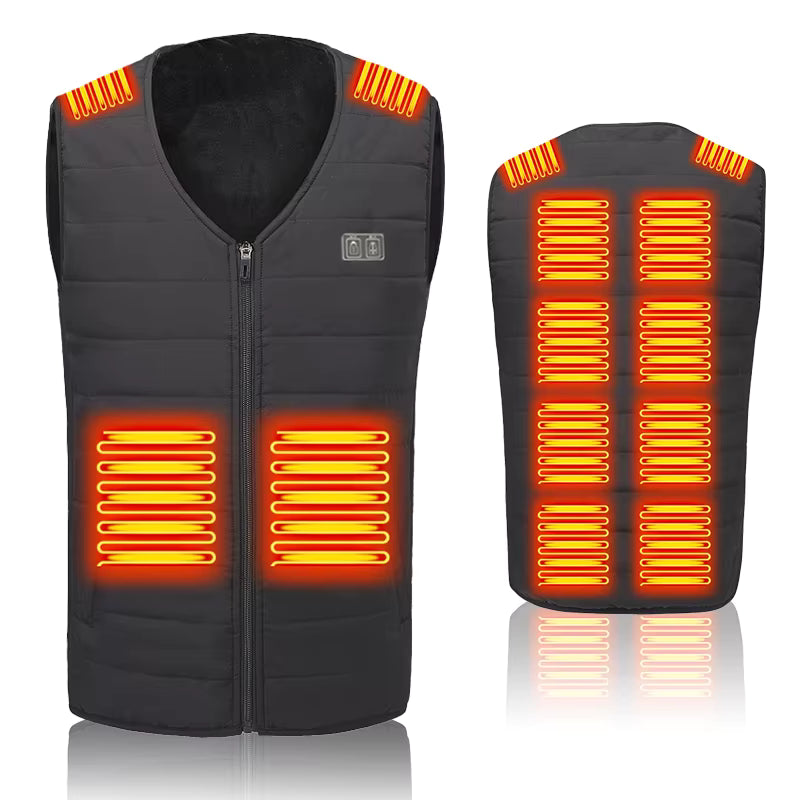 V-neck Fleece Heated Vests for Women Men 12 Heating Areas Dual Control Buttons 3 Gear Temperature Control USB Charging Electric Gilet