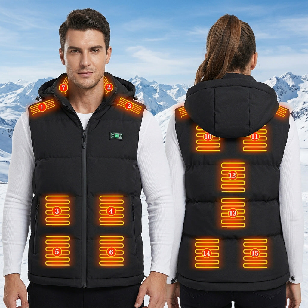Unisex Heated Hooded Vest for Men Women, 3 Heating Levels 15 Heating Zones Temperature Display Zipper Closure USB Charging Fleece Lined Winter Thermal Waistcoat for Outdoor