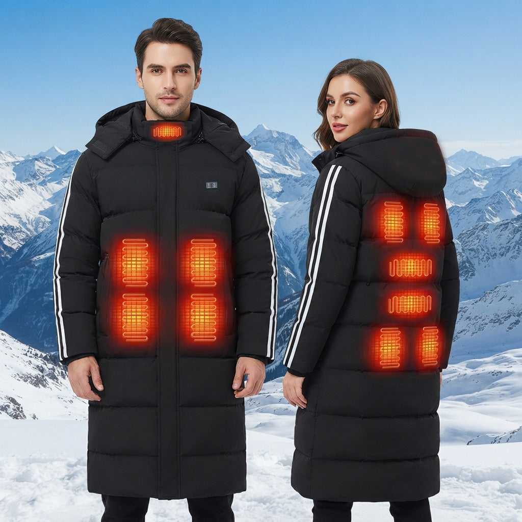 Electric Heated Long Hooded Coats for Women Men 11 Heating Areas Front and Back 3-Level Temperature Control USB Rechargeable Heating Jacket