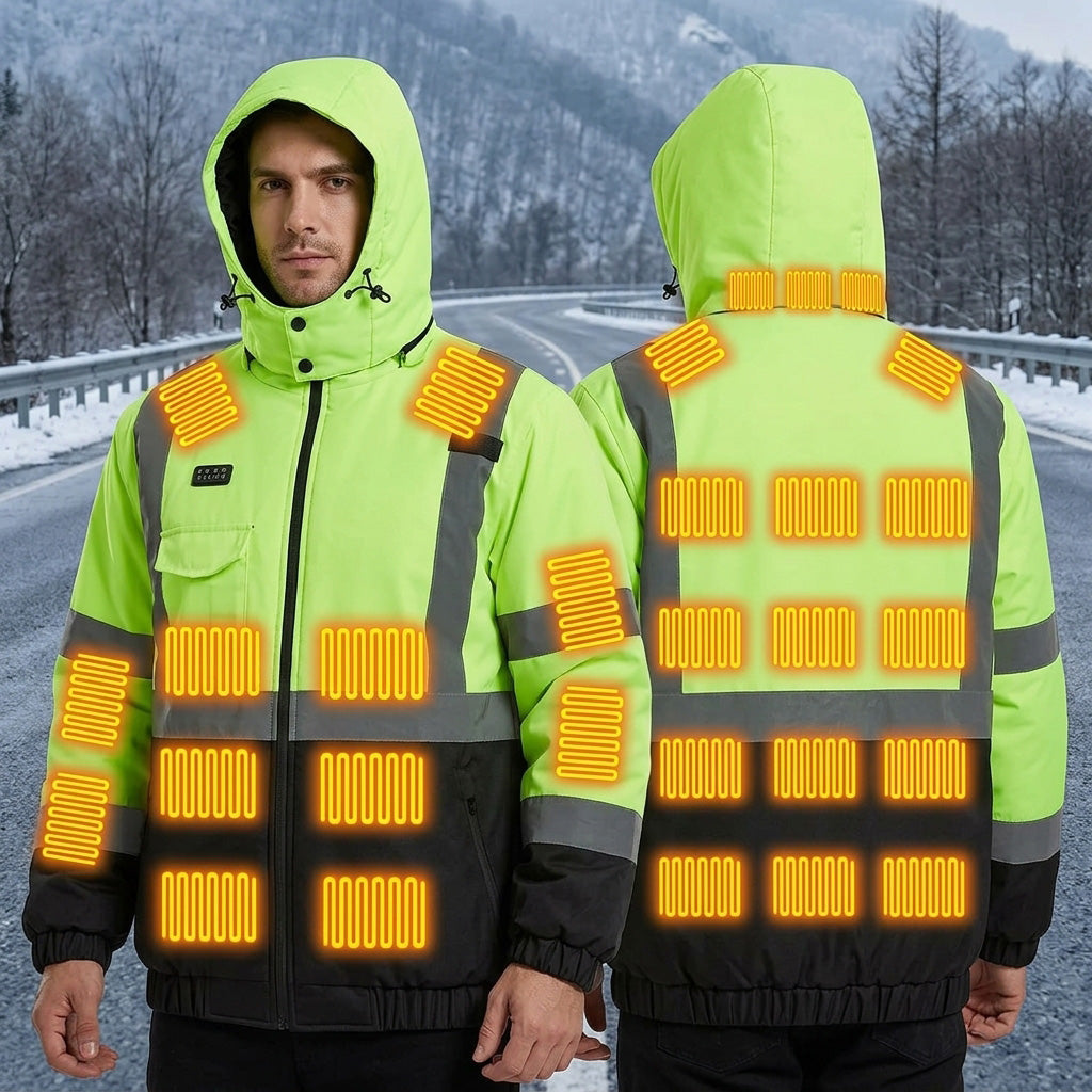 Unisex Hi Vis Hooded Heating Coat, High Visibility Heated Jacket, 29 Heating Zones Heated Body Warmer Windproof Waterproof Reflective Workwear USB Electric Heat Outerwear Winter Thermal Jackets for Work