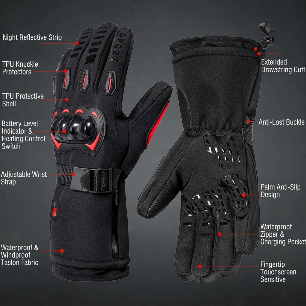 7.4V 2*3000mAh Rechargeable Heated Motorcycle Gloves Winter Touchscreen Windproof Cold Resistant Gloves for Riding, ATV, UTV, Snowmobile
